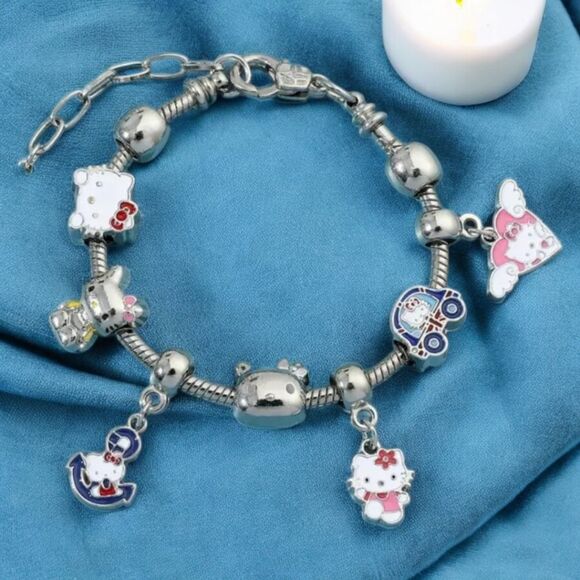 Hello Kitty Charm Bracelet Pink Silver Plated Heart Bow Car Cat Charms Jewelry - Picture 1 of 3